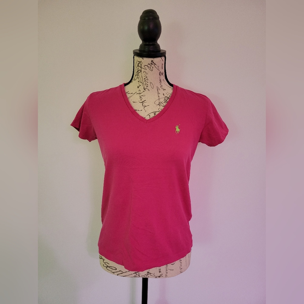 Ralph Lauren Sport Women's Pink Short Sleeve V-Neck Top With Embroidered Logo S
